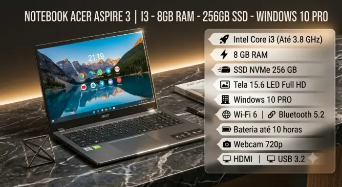 Notebook Acer Aspire 3 - Core i3 (Ate 3.8 GHz) - Mem. Ram 8GB - SSD 256GB Win 10 PRO