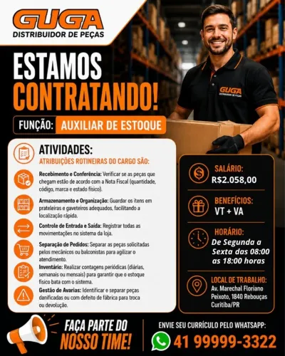 Vaga Auxiliar de Estoque para Auto Peças