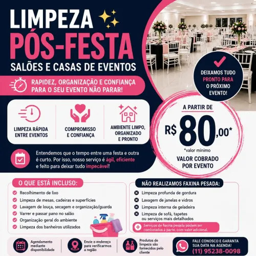 Limpeza Pós-Festa para Salões e Eventos em Mogi das Cruzes e Região