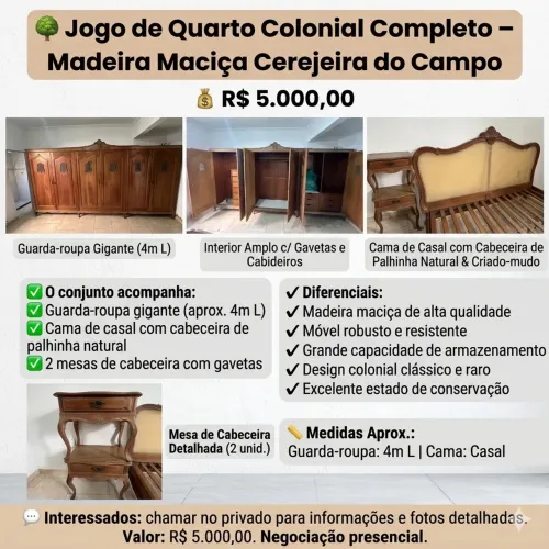 Jogo de Quarto Colonial em Madeira Maciça Cerejeira do Campo com mais de 50 anos 