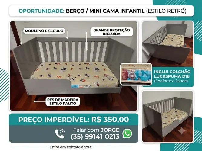 Berço/Cama Infantil Cinza + Colchão Luckspuma D18 ? Excelente Estado!