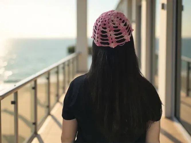 Headpiece / Touca de Crochê Rosa Mesclado com Mix de Pérolas