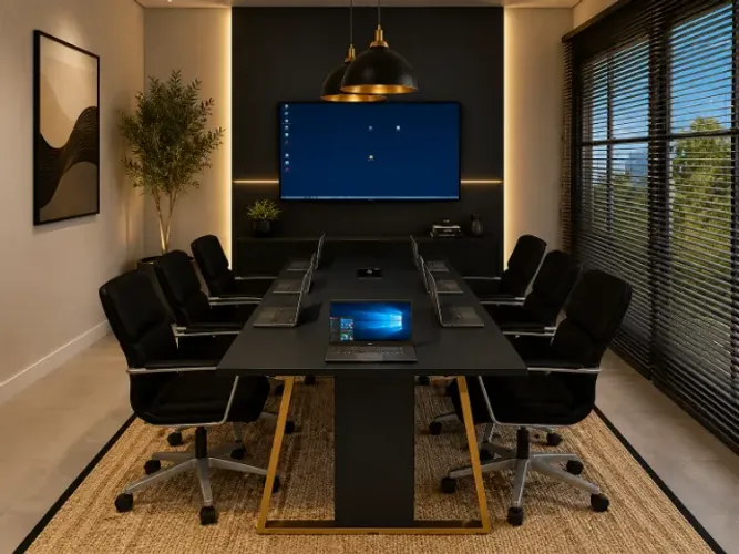 Mesa de Reunião Trapeze Gold. Com Painel e Cxs. de Tomadas. L272cm x P130cm x A74cm