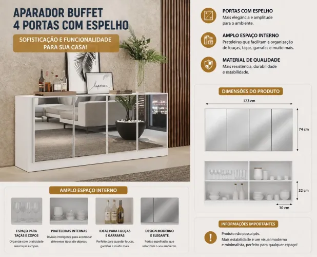Buffet 4 portas branco espelhado !!! Promoção !!!! Novo