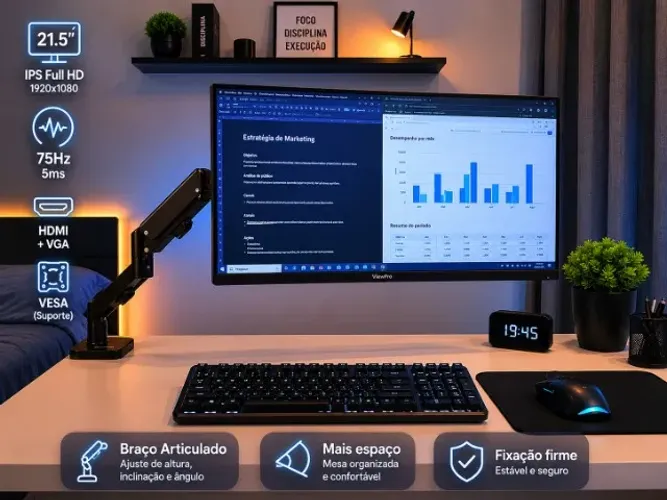 Monitor Gamer IPS 21.5 Full HD 75Hz HDMI Novo Lacrado + Braço Articulado + FRETE GRATIS