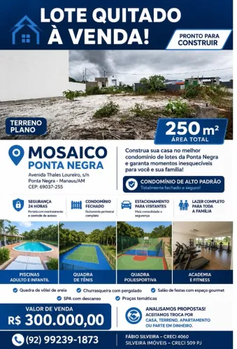 Vendo Lote 250 m², quitado,plano, pronto para construir, cd. Mosaico Ponta Negra