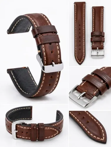 Pulseira Couro Relógio Vintage 18mm Marrom Escuro Castanho Costura Branca Fivela Prateada
