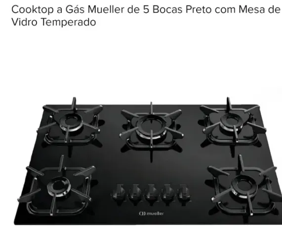 Cooktop a Gás Mueller de 5 Bocas Ultra ChamaPreto com Mesa de Vidro Temperado novo