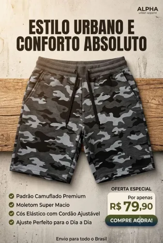 Bermuda Masculina Estampa Camuflada Cinza Confortável