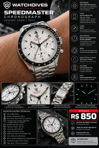 Relógio Watchdives Speedmaster Crono - 39mm - mov. Vk63