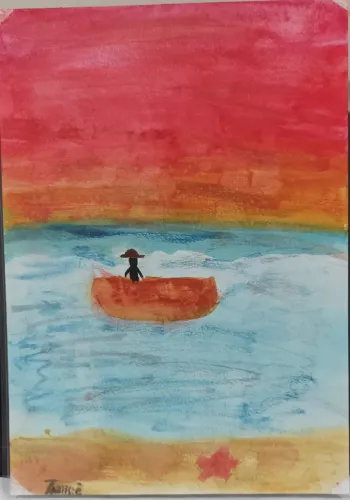O Jangadeiro Nordestino. Obra Pintada em Aquarela. Plastificada. Artista Mirim 9 Anos