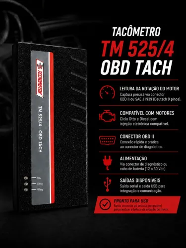 Tacômetro Automotivo Tecnomotor TM 525/4 OBD TACH