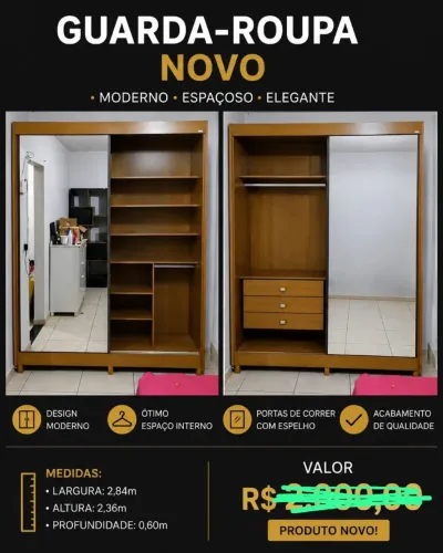 Guarda roupa solteiro 100% MDF com espelho