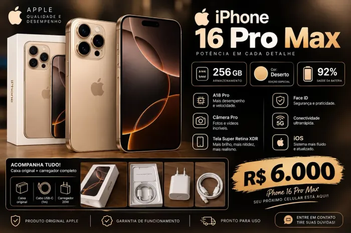 IPhone 16 pro Max, vem com tudo e a bateria tá boa com 92%.