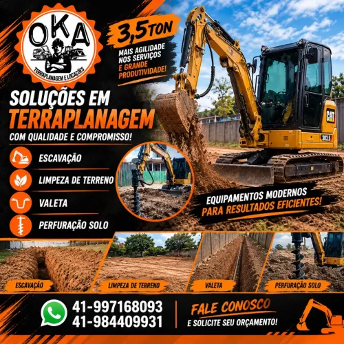 Locação mini escavadeira 3,5 ton. Perfurações e terraplanagem.