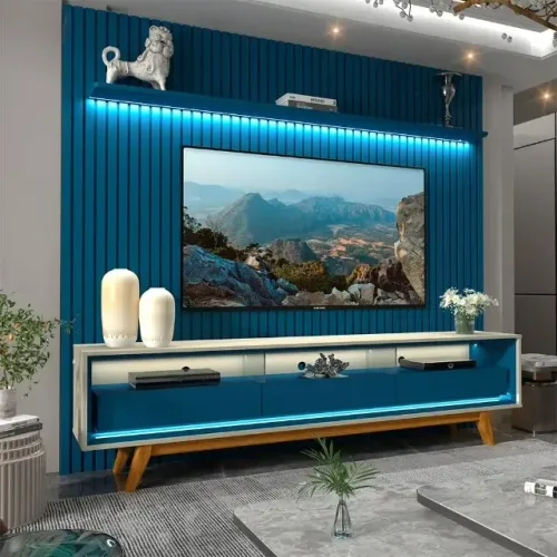 ? RACK COM PAINEL RIPADO 230CM PARA TV ATÉ 85 POLEGADAS COM LED E 3 GAVETAS - FRETE GRÁTI
