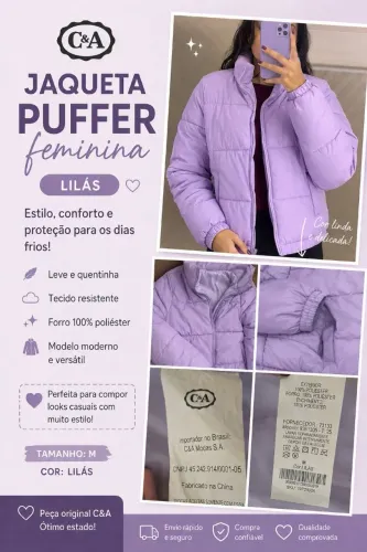 Jaqueta Puffer Lilás Feminina C&A | Tam. M