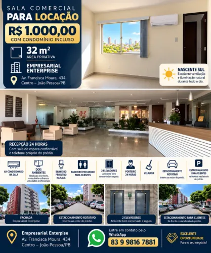 Sala Comercial 32m² - Centro JP - R$ 1.000 c/ Condomínio Incluso
