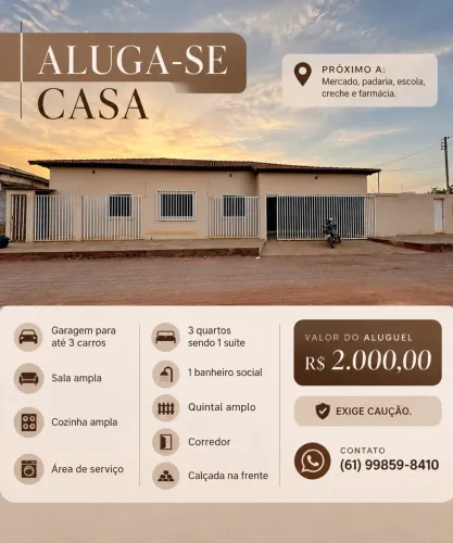 ALUGA-SE CASA EM FORMOSA - GO