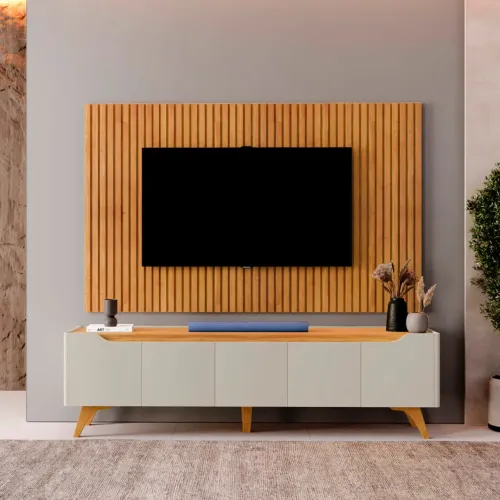Painel Ripado até 75? com Rack Retrô Nature tt44