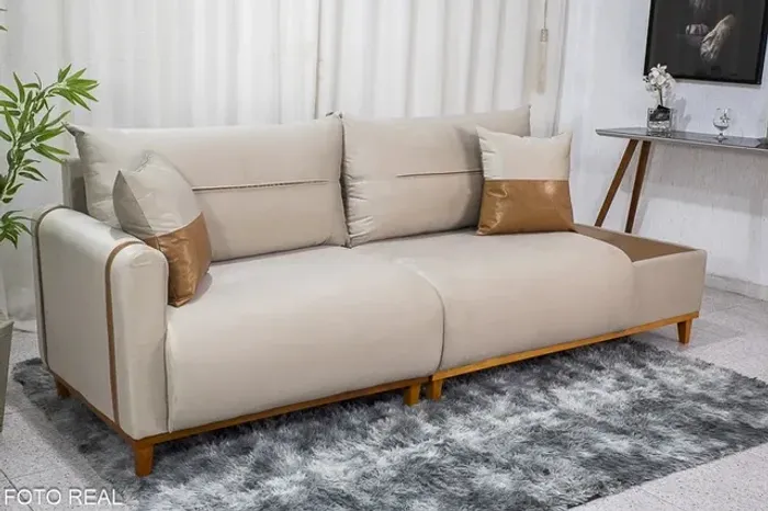 Sofá 3 Lugares Ravena Mesa Apoio Veludo Bege rf654