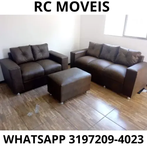 Sofá de Couro Sintético 3 e 2 Lugares com Puff - Alta Qualidade
