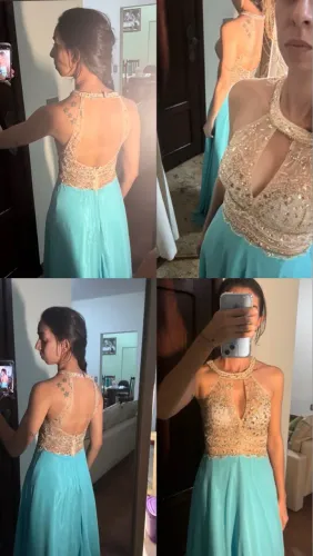 Vestido de festa azul Tiffany com pedraria