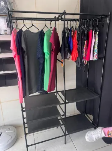 Cabideiro Arara com Prateleiras Organizadora de Roupas Solteiro Portátil 
