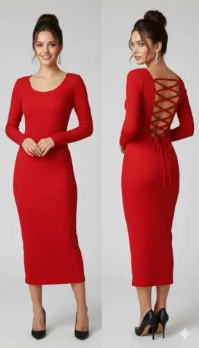 Vestido vermelho canelado feminino midi