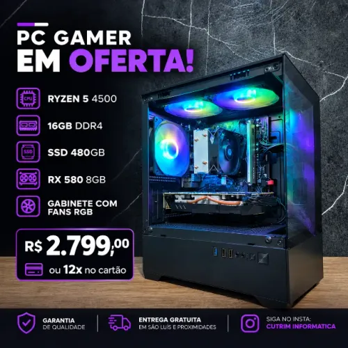 PC GAMER RYZEN 5 4500/ RX 580 8GB/ 16GB DDR4/ SSD 480 GB. 12X NO CARTAO
