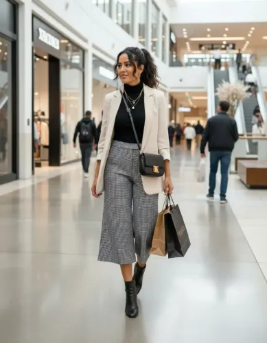 Calça Pantacourt Feminina Xadrez Houndstooth Pied De Poule