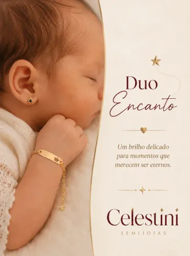 Duo Encanto - Pulseira Bebê Placa Gravação Nome Folheado Ouro 18K | Kit Presente Celestini