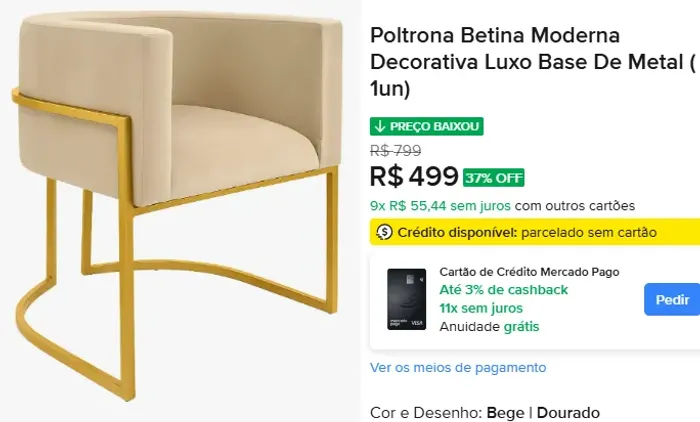 NOVO - Poltrona Betina Moderna Decorativa Luxo Base De Metal - Bege