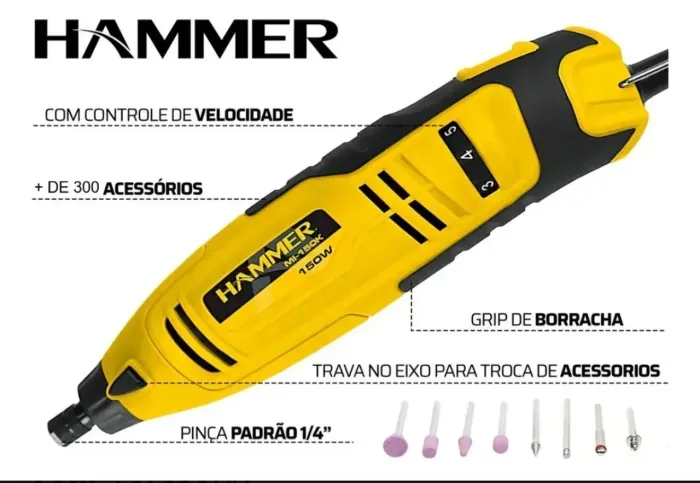 Micro Retífica + Extensão eixo flexível (chicote) com acessórios HAMMER<br>HAMMER