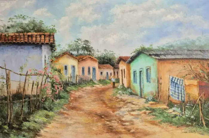 Tela pintada a óleo, vilarejo de Minas Gerais, por Lourdes de Lima, 40x60cm