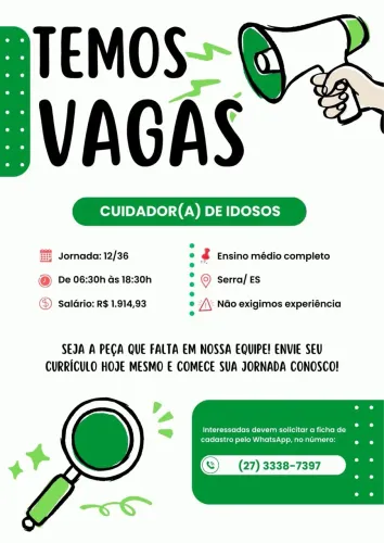 Contrata-se Cuidador(a) de Idosos e Cozinheira