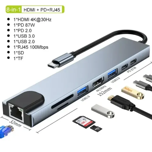 Adaptador Hub Mobilador USB-C Para Macbook Pro Air Hdmi + Ethernet 8 em 1