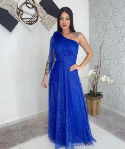 Vestido Longo de Festa Tule Forrado Azul Royal. 