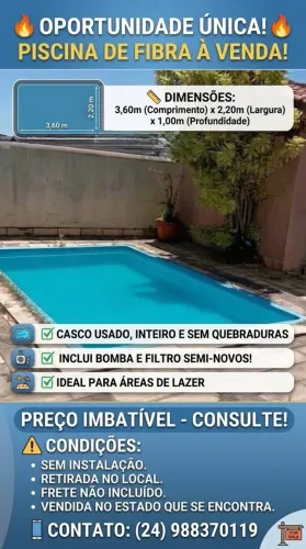 Piscina de Fibra 3,60 x 2,20m - Usada, Completa com Bomba e Filtro