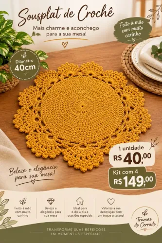Kit 4 Sousplats 40cm, crochê em fio 8
