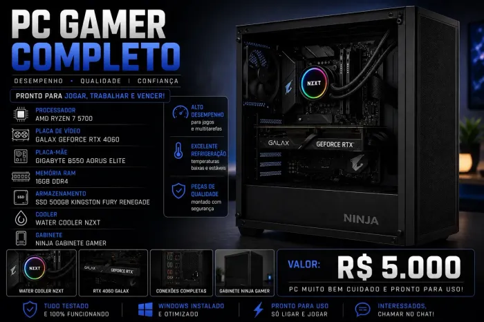 PC Gamer Ryzen 7 5700 + RTX 4060 8GB | 16GB RAM | SSD 500GB