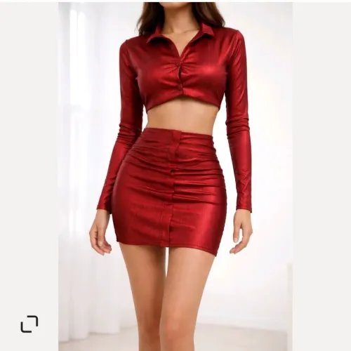 Vestido Vermelho Metálico Feminino Manga Longa Festa/Balada