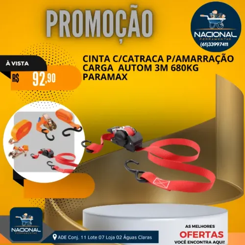 CINTA C/CATRaca P/AMARRação CARGA  AUTOM 3M 680KG PARAMAX
