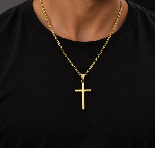Corrente masculina dourada crucifixo em aço inoxidável