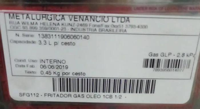 Fritadeira A Gás Venâncio 3,5 Litros 1 Cuba SFG112 (ACEITAS OFERTAS)