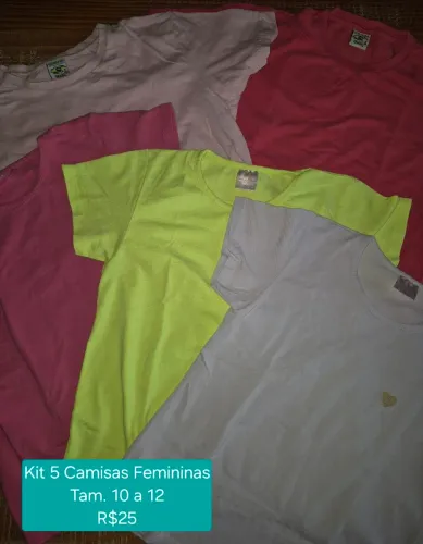 Kit 5 camisas feminina infantil tam. 10/12