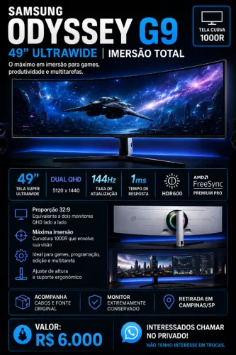 MONITOR SAMSUNG ODYSSEY G9 49? ULTRAWIDE - IMERSÃO TOTAL ?