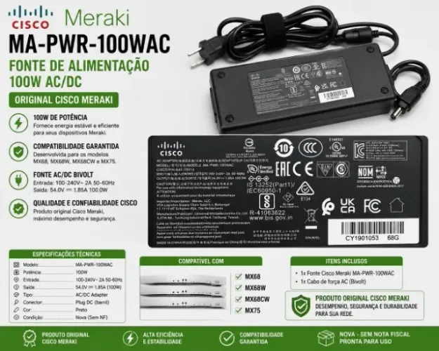Fonte de Alimentação Cisco Meraki MA-PWR-100WAC 100W AC/DC Original