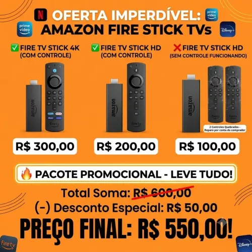 Lote Fire TV Stick (4K e HD) - Transforme sua TV em Smart! Vendo separado também