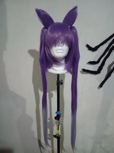 Peruca roxa ponnytail e orelhas para cosplay